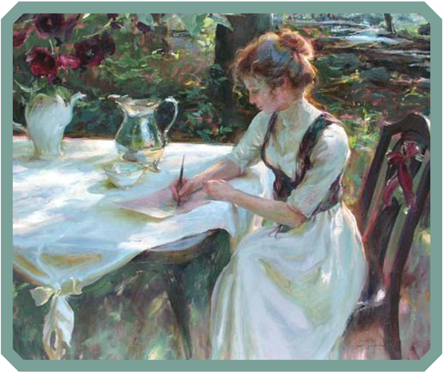 Woman write at table in garden